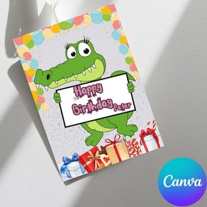 Cartão de aniversário editável de jacaré | Modelo vibrante multicolorido do Canva para celebrações elegantes | Download digital instantâneo