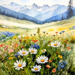 Fiori in un prato alpino Dipinto ad acquerello Decorazione murale Immagine Regalo di compleanno Buono regalo digitale Popolare Etsy Arte murale Paesaggio montano