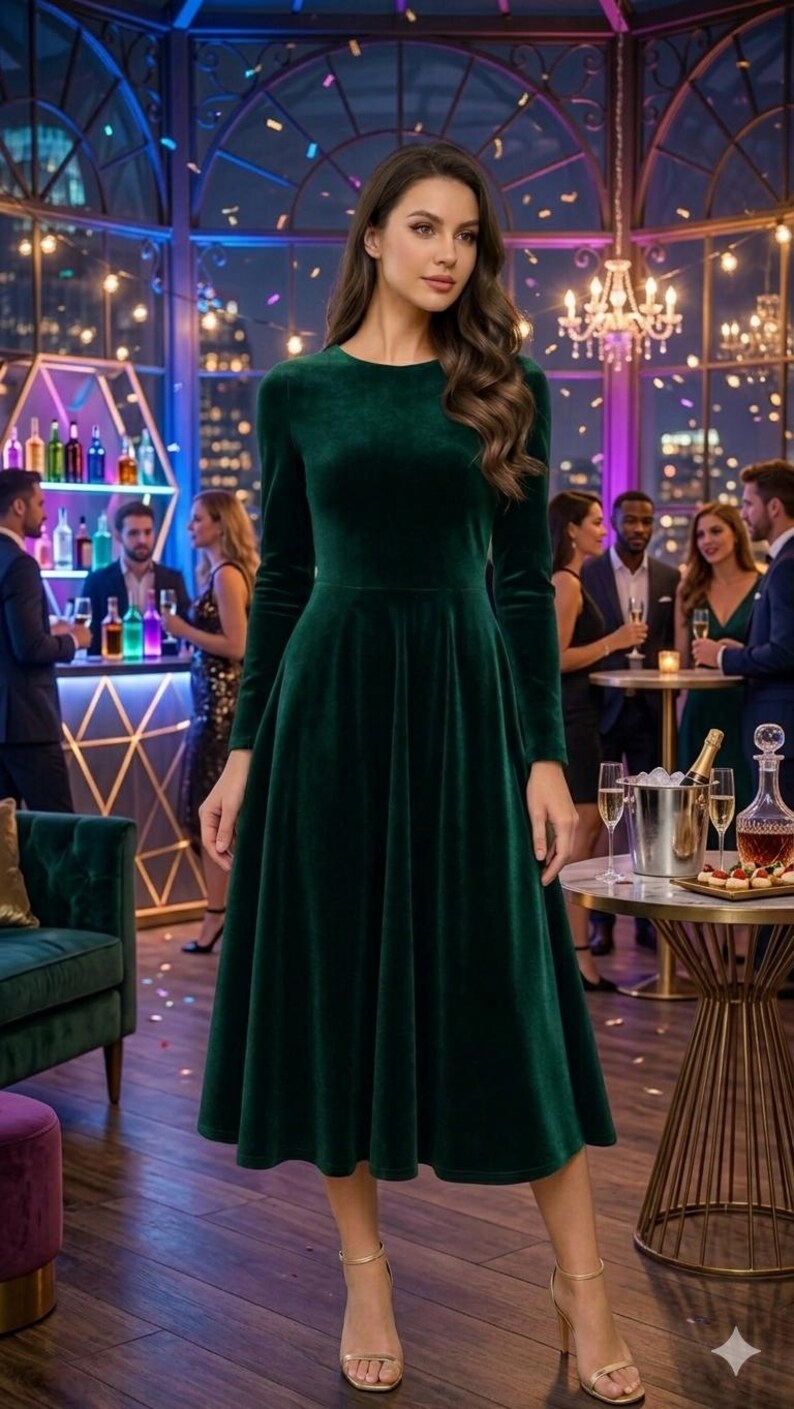 May include: A long-sleeved, knee-length dress in a deep emerald green velvet fabric. The garment features a round neckline, a fitted bodice, and a flared, pleated skirt that falls below the knees. The dress is paired with simple gold-toned strappy heels.