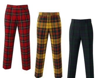 Szkockie spodnie w kratę, szyte na miarę, spodnie w kratę w stylu Highland, spodnie golfowe w kratę w stylu vintage, dostępne w ponad 50 wzorach tartan