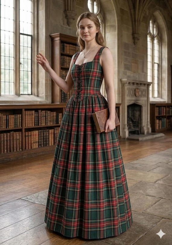 plaid gowns & formal dresses Scottish Tartan Corset Gown Dress- Women's Dress Lace up Renaissance Ball Gown |ladies Maxi Dress Highland Wedding Outfit sweep train
