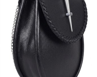 Handmade Black Leather Sporran |Celtic Scottish Kilt Sporran with Chain and Belt