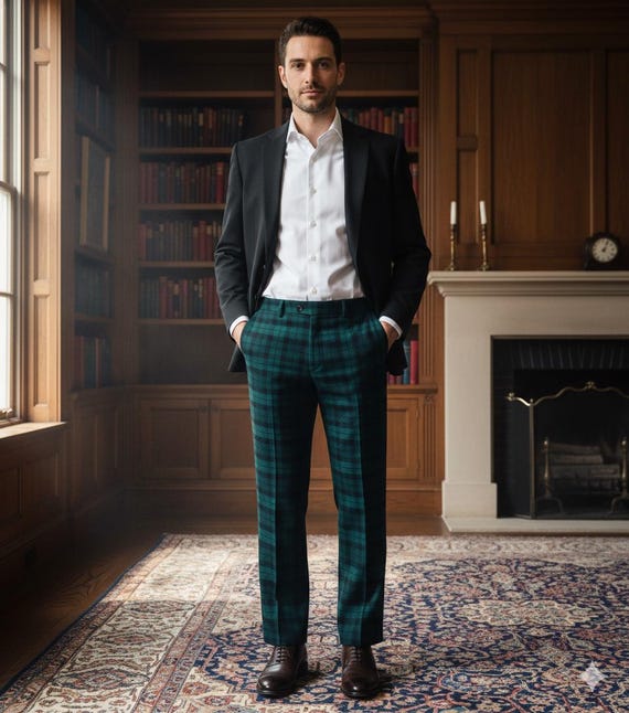 Black Plaid Blazer Mens Green Plaid Dress Pants Harris Tweed Dark Green  Tartan Pants  StudioSuits