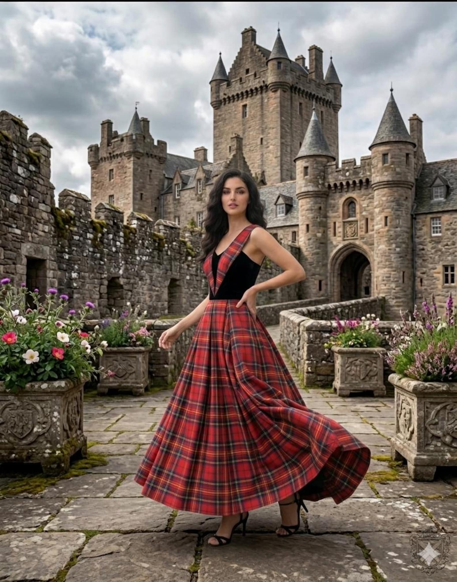 Ladies Tartan & Black Velvet Evening Gown - Scottish Tartan Dress Ladies Tartan & Black Velvet Evening Gown - Scottish Tartan Dress