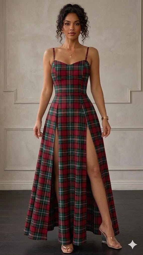 Women's Tartan Maxi Dress- Scottish Plaid Evening Gown, High Slit Sleeveless Dress, Celtic Formal Dress, Holiday Party Dress in 50+ Tartans