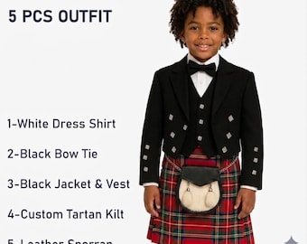 Conjunto de falda escocesa para niños - 5 piezas: chaqueta Prince Charlie, falda escocesa de tartán, sporran. Traje escocés para bebés. Disponible en más de 50 tartanes.