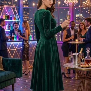 Emerald Green Velvet Midi Dress- Long Sleeve A Line Elegant Winter Dress, Formal Evening Party Outfit image 3