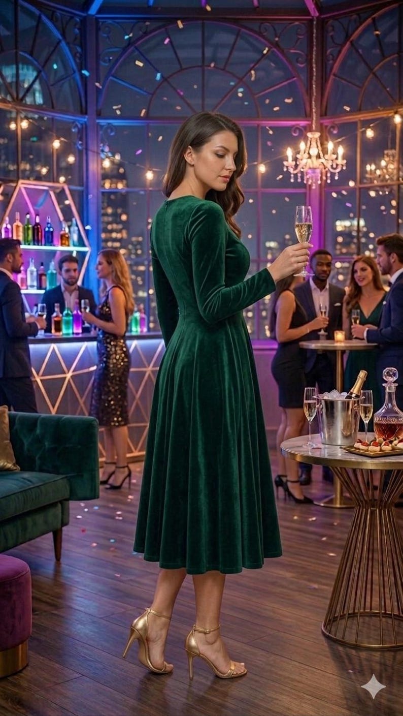Emerald Green Velvet Midi Dress- Long Sleeve A Line Elegant Winter Dress, Formal Evening Party Outfit image 3