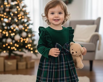 Vestido escocés de tartán para niña con terciopelo a juego. Vestido para bebé y niña con más de 50 tartanes. Traje tradicional de las Tierras Altas. Tallas diferentes.