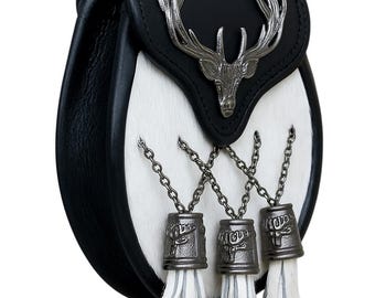 Men's Scottish Leather and White Fur Sporran With Stag Head Emblem and 3 Ornate Tassels