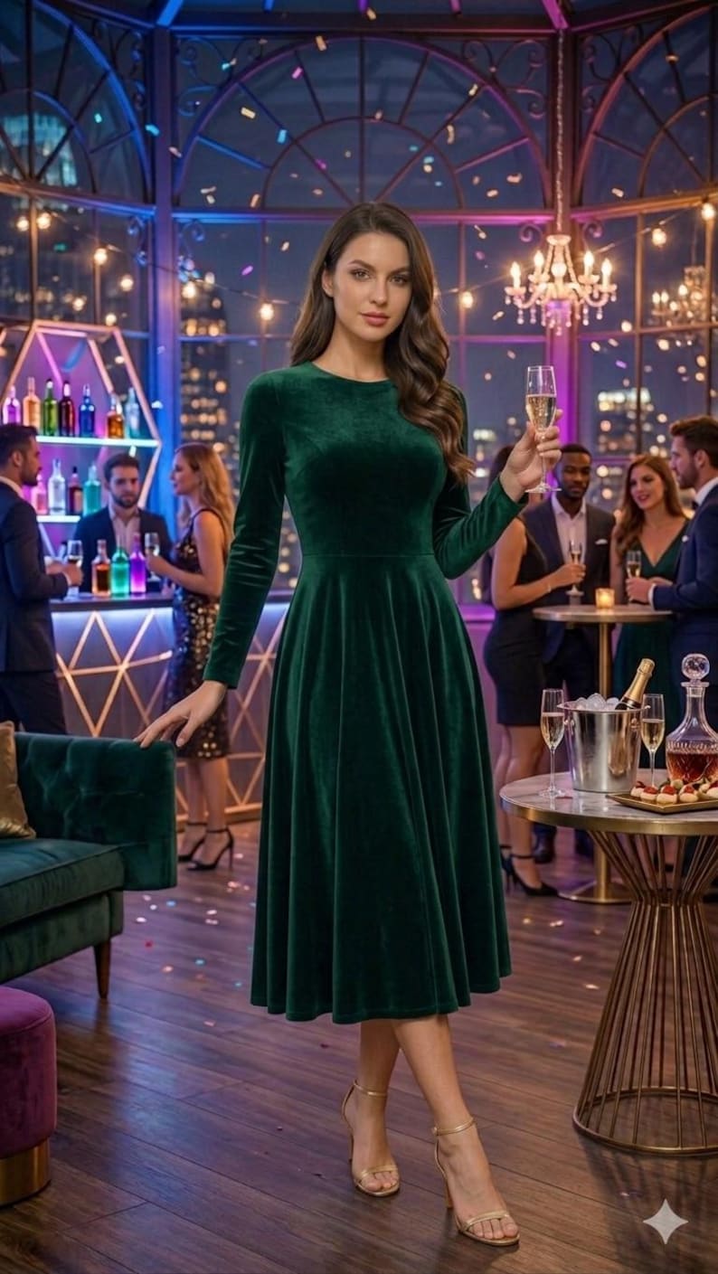May include: A long-sleeved, knee-length dress made of dark green velvet fabric. The dress features a round neckline, a fitted bodice, and a flared skirt that falls below the knees. The garment is constructed with a smooth, solid-colored velvet material.