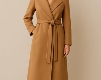 Damesjas met lange riem – elegante winterjas voor dames | Warme wollen jas over de hele lengte met strikband |  In 16+ kleuren