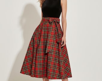 Elegant Plaid Midi Dress with Matching Velvet| Women Christmas Party Dress| Scottish Tartan Outfit| Available in 50+ Tartans