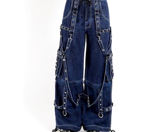Pantalones vaqueros azules para hombre, estilo gótico, de pierna ancha, estilo vaquero alternativo, hechos a mano.