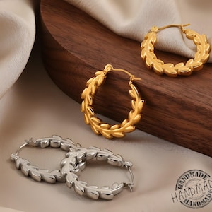 Titanium Stud Earrings, Gold Leaf Hoop Earrings for Women, Non Tarnish Waterproof, Hypoallergenic Minimalist Jewelry, Vintage Style Earrings