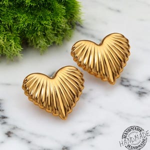 Titanium Heart Stud Earrings, Gold Ribbed Heart Earrings, Textured Stainless Steel Studs, Trendy 2024 Jewelry, Elegant Gift for Women