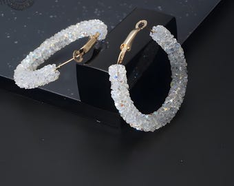 Titanium Stud Hoop Earrings for Women, Big Shiny Crystal Bohemian Bead Earrings, Metal Round Statement Jewelry, Trendy Fashion Ear Accessory