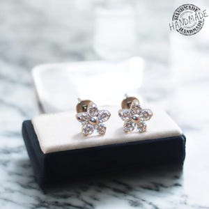 Implant Grade Titanium Stud Earrings - Metal Flower with Zircon Crystals, Hypoallergenic, Sensitive Ear Safe, Anodizing Available, 20g Pair
