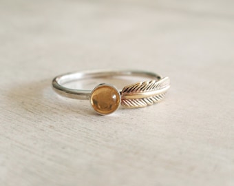 Citrine ring, sterling silver ring with citrine and gold brass feather, feather ring, citrine stackable ring, November birthstone ring