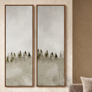 Minimalist Misty Pine Tree Forest Wall art - 20x60 Framed Canvas Set | Neutral Watercolor Painting | Modern abstract natural landscape Art