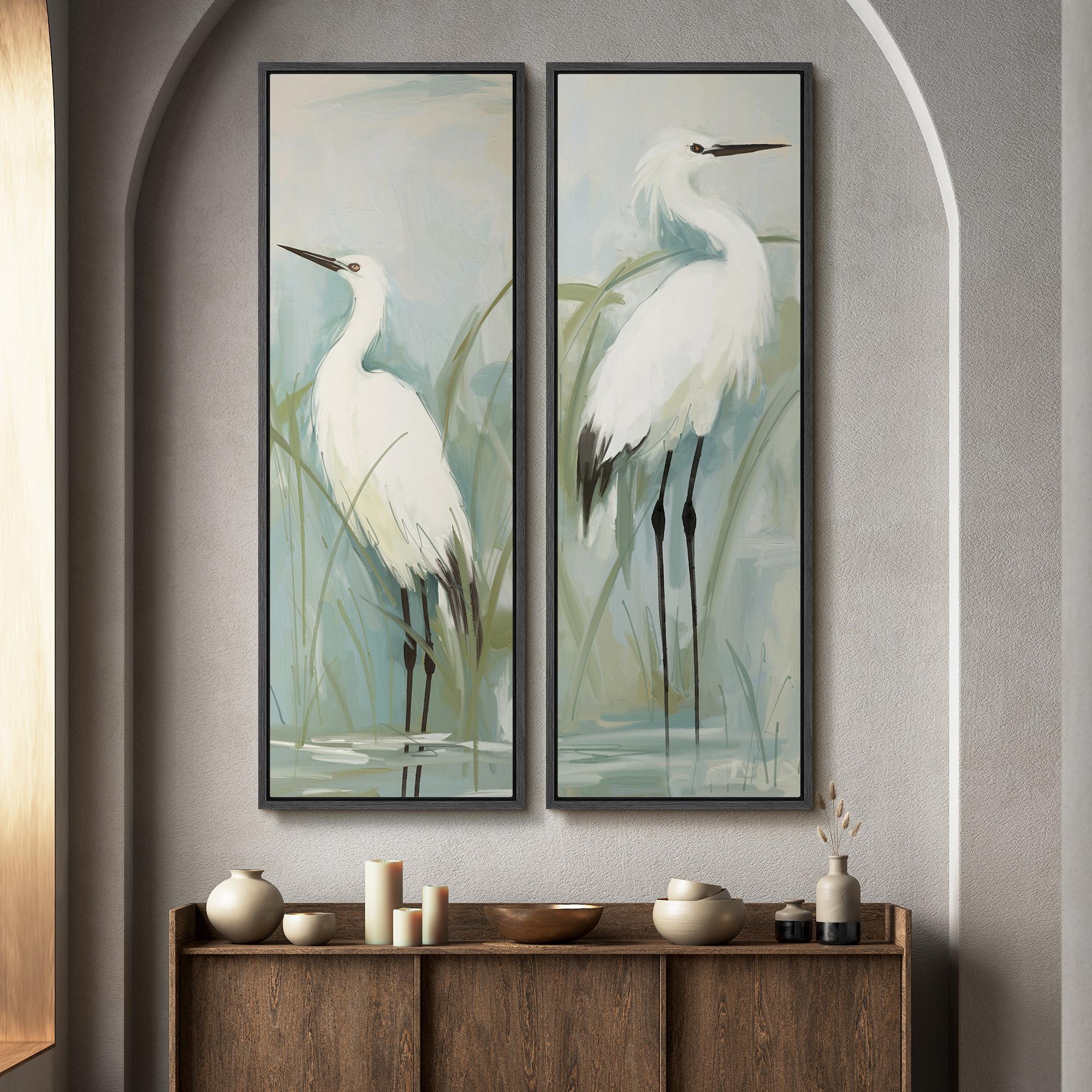 Coastal White Egret Wall Art - 20x60 Framed Canvas Set | Watercolor ...