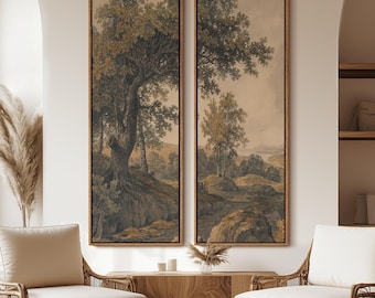 Vintage Forest Landscape Wall Art - 20x60 Framed Canvas Set | Classic Nature Prints with Trees & Valley | Rustic Farmhouse Living Room Decor