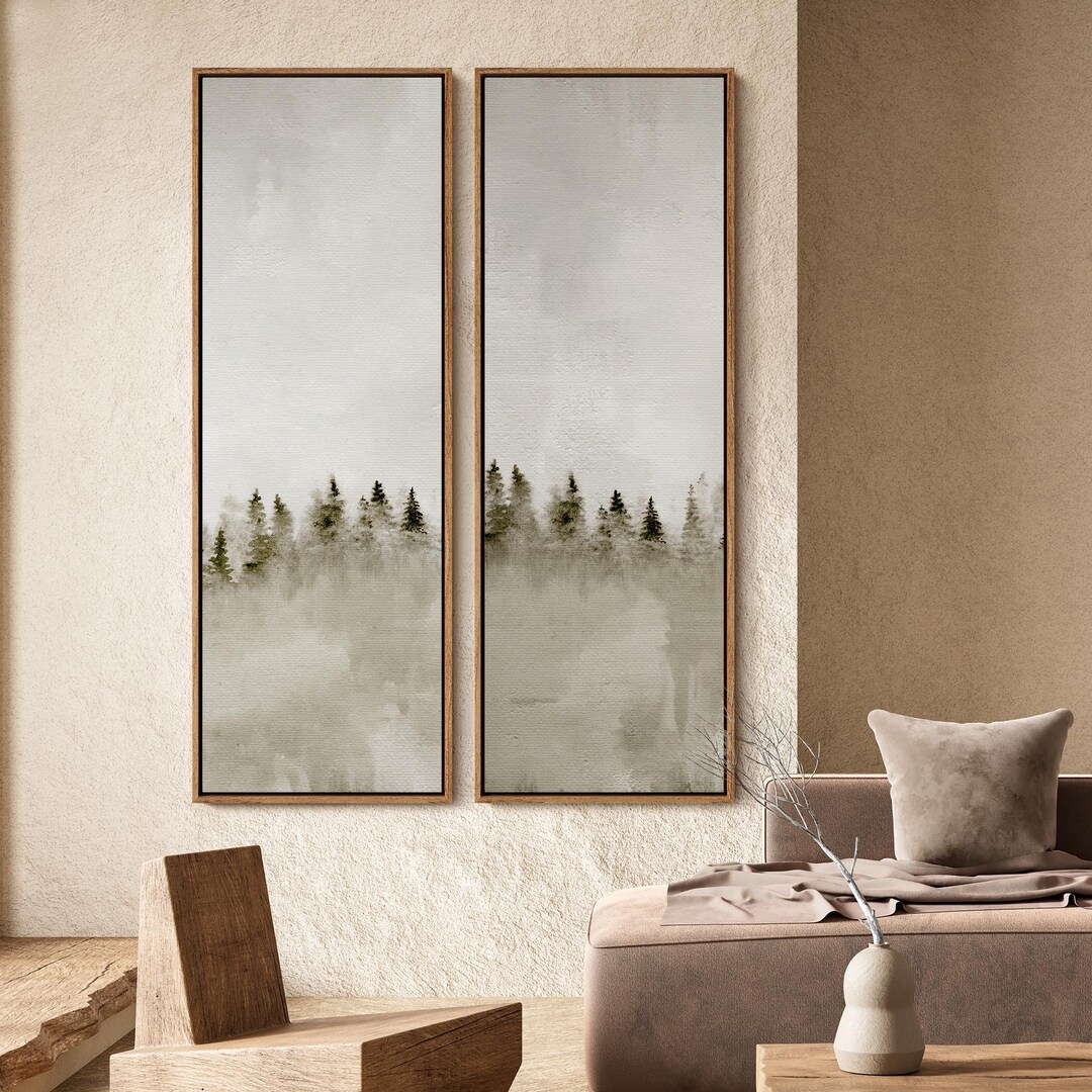 Minimalist Misty Pine Tree Forest Wall Art - 20x60 Framed Canvas Set ...