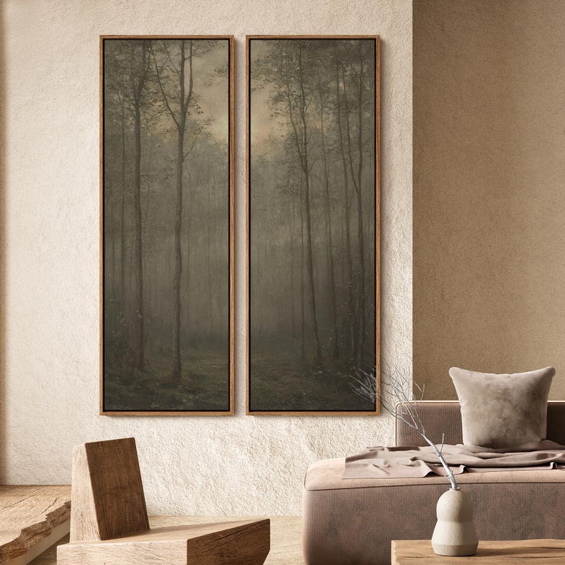 Misty Forest Wall Art - 20x60 Framed Canvas Set | Vintage Landscape ...