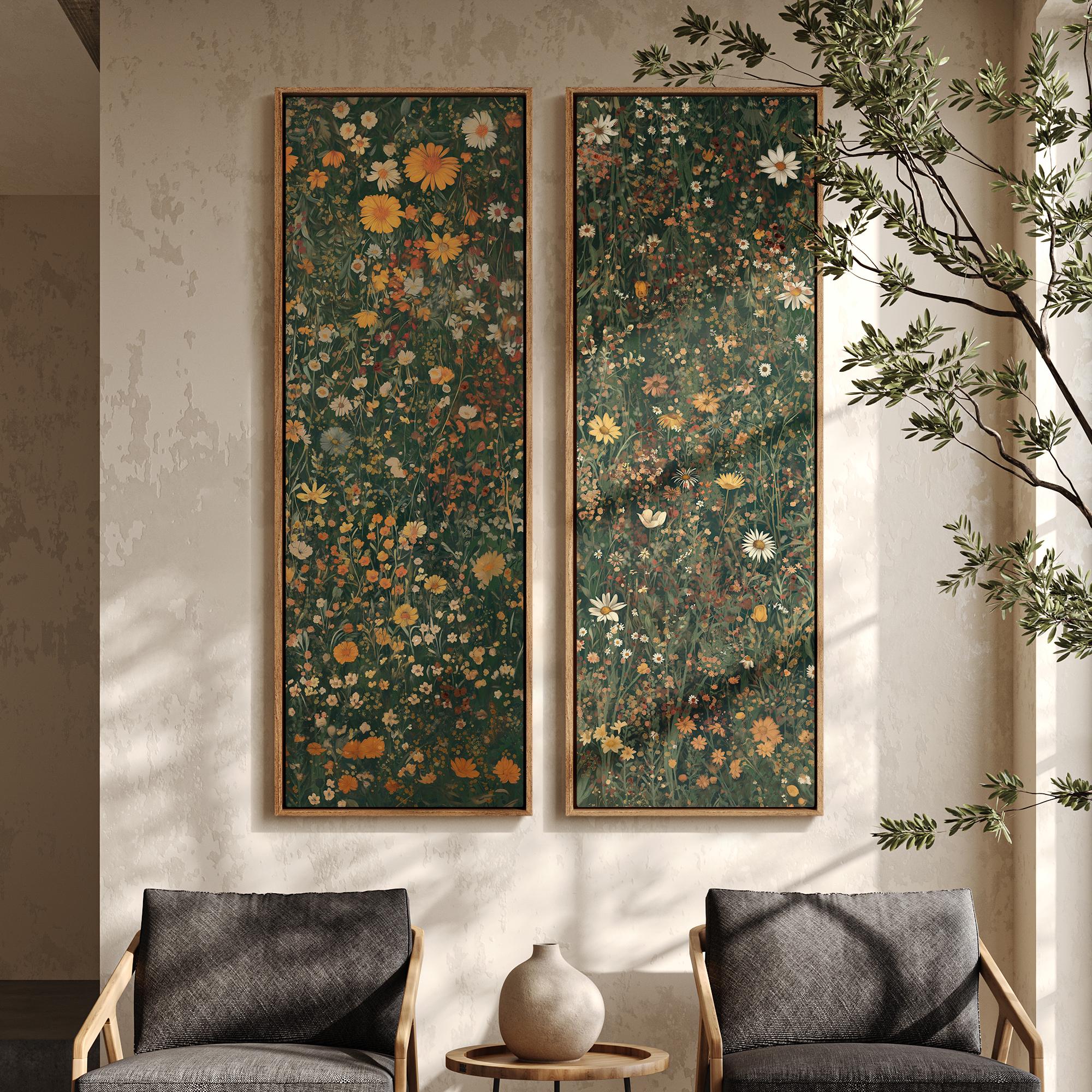 Vintage Wildflower Meadow Wall Art - 20x60 Framed Canvas Set | Retro ...