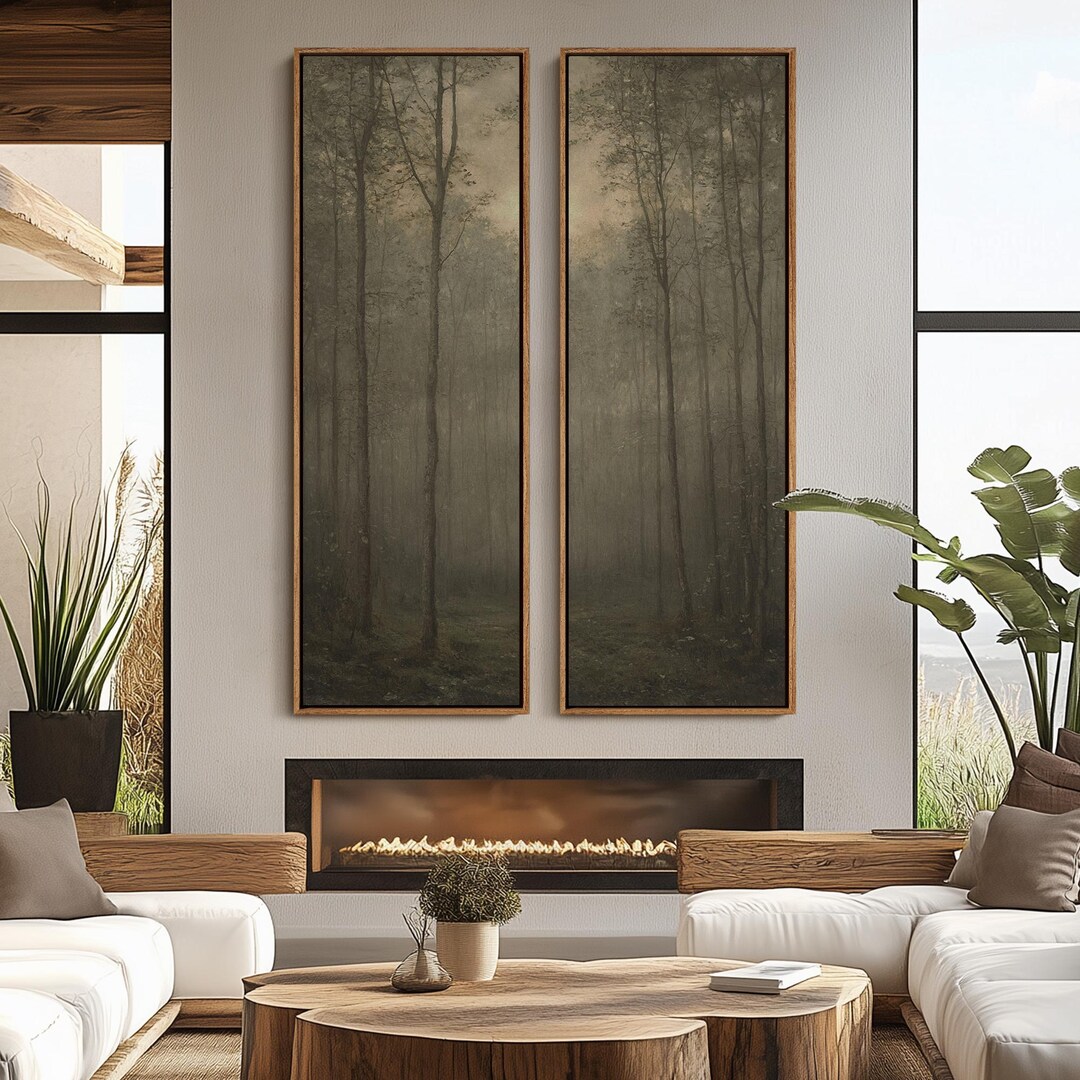 Misty Forest Wall Art - 20x60 Framed Canvas Set | Vintage Landscape ...