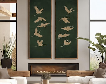 Elegant Gold Crane Wall Art - 20x60 Framed Canvas Set | Minimalist Bird Silhouettes on Deep Green | Japanese style Artwork