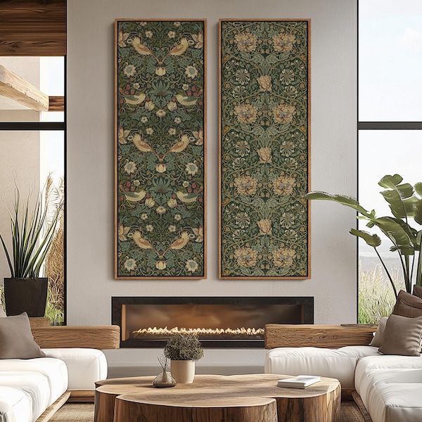 William Morris Botanical Bird Wall Art - 20x60 Framed Canvas Set | Vintage Floral Pattern Prints | Green Cottagecore Nature Decor