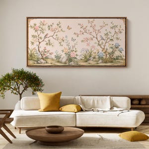 Floral Bird Large Framed Wall Art | Chinoiserie Garden Canvas Print | Blush Botanical Artwork | Vintage Asian Decor for Living Room
