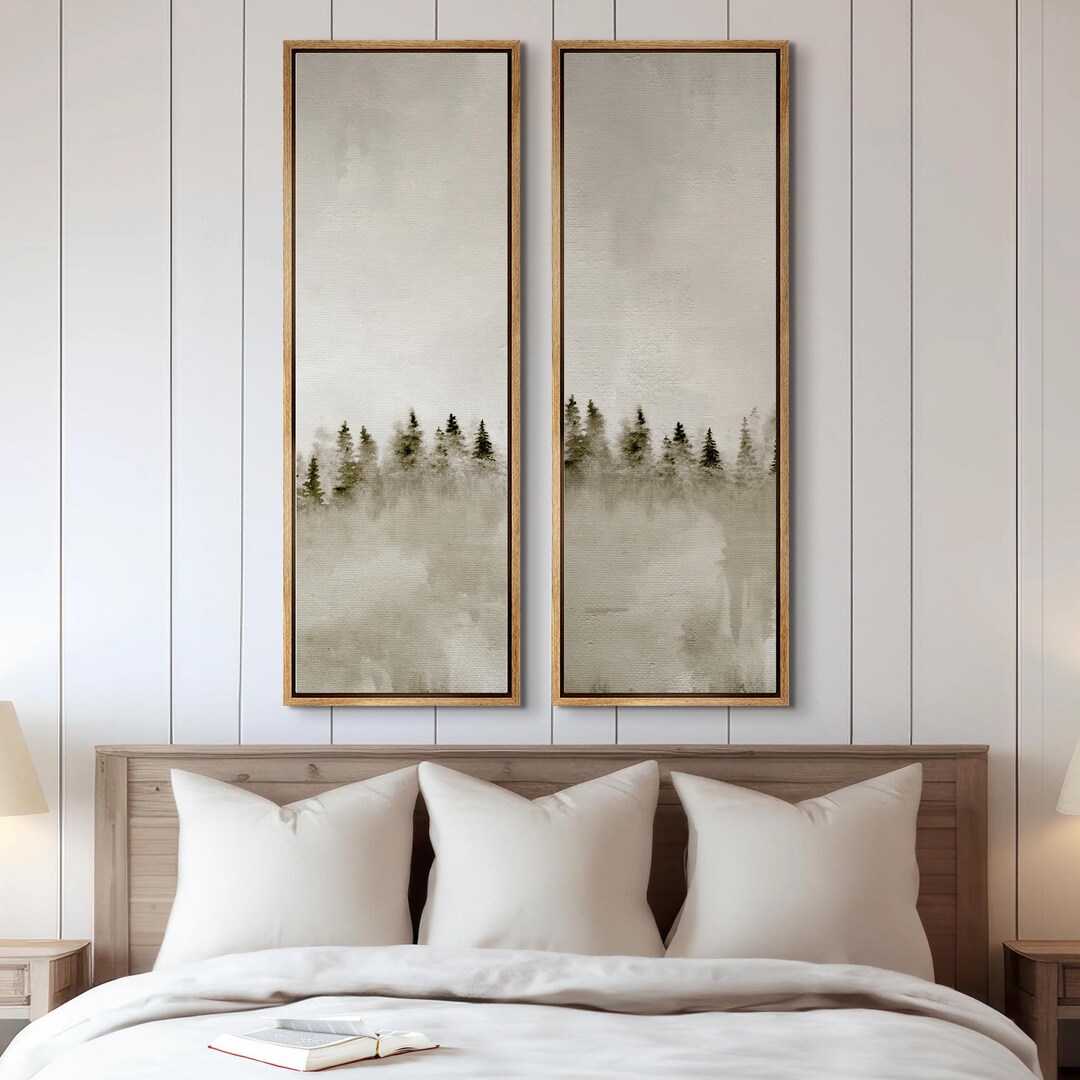 Minimalist Misty Pine Tree Forest Wall Art - 20x60 Framed Canvas Set ...