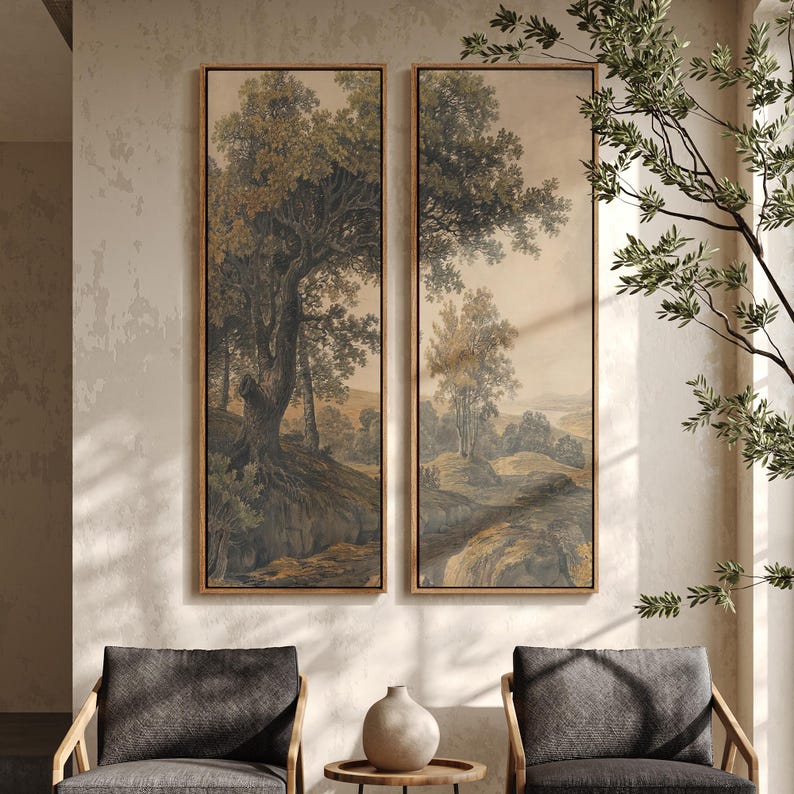 Vintage Forest Landscape Wall Art - 20x60 Framed Canvas Set | Classic ...