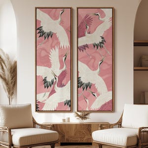 Pink Crane Wall Art - 20x60 Framed Canvas Set | Elegant Japanese-Style Bird Prints | Bedroom or Living Room Asian-Inspired Decor