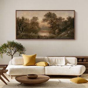 Moody Woodland Pond Wall Art - Large Framed Canvas | Sepia Forest Landscape Print | Rustic Nature Decor for Living Room