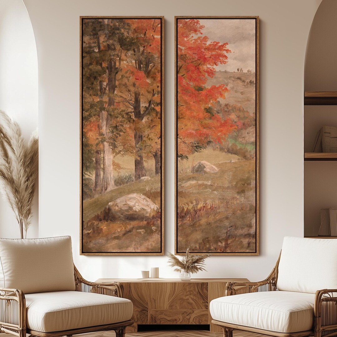Autumn Forest Wall Art - 20x60 Framed Canvas Set | Trees and Rocks ...