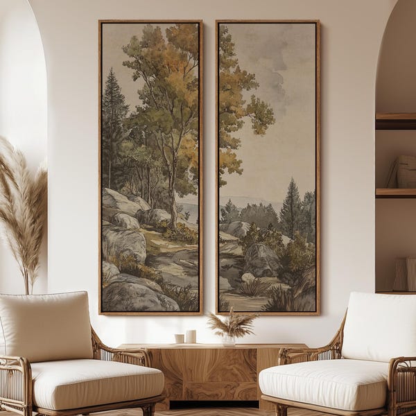 Vintage Woodland Landscape Wall Art - 20x60 Framed Canvas Set | Rustic Forest Watercolor Prints | European Countryside Nature Artwork