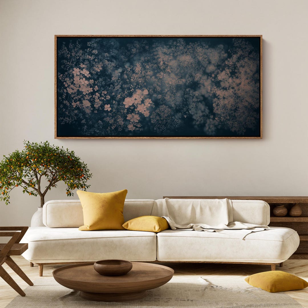 Dark Blue Abstract Floral Wall Art - Large Framed Canvas | Moody Flower ...