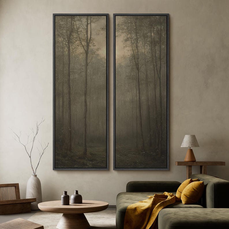 Misty Forest Wall Art - 20x60 Framed Canvas Set | Vintage Landscape ...
