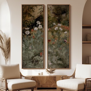 Vintage Wildflower Wall Art - 20x60 Framed Canvas Set | Rustic Botanical Print with White & Red Garden Flowers | Moody Nature Rustic Decor