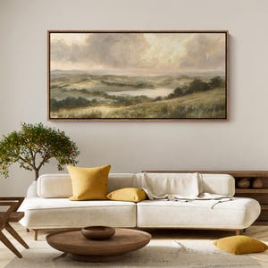Rolling Hills Wall Art - Large Framed Canvas | Neutral Field Landscape Print | Rustic Nature Decor for Living Room