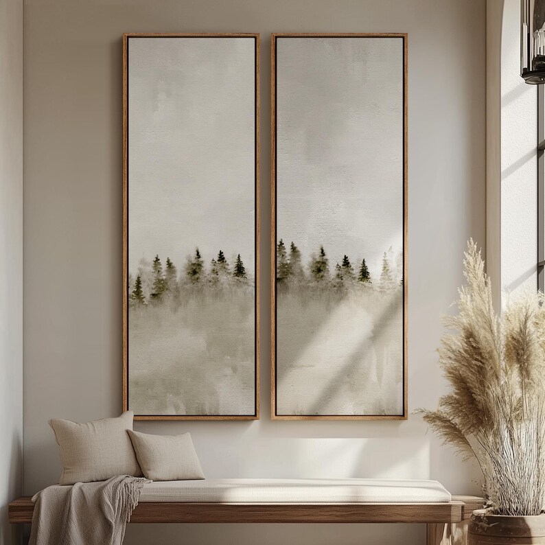 Minimalist Misty Pine Tree Forest Wall Art - 20x60 Framed Canvas Set ...