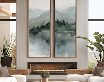 Misty Forest Landscape Print - 20x60 Framed Canvas Set, Neutral Watercolor Painting with Lake Reflection, Minimalist Nature Wall Art