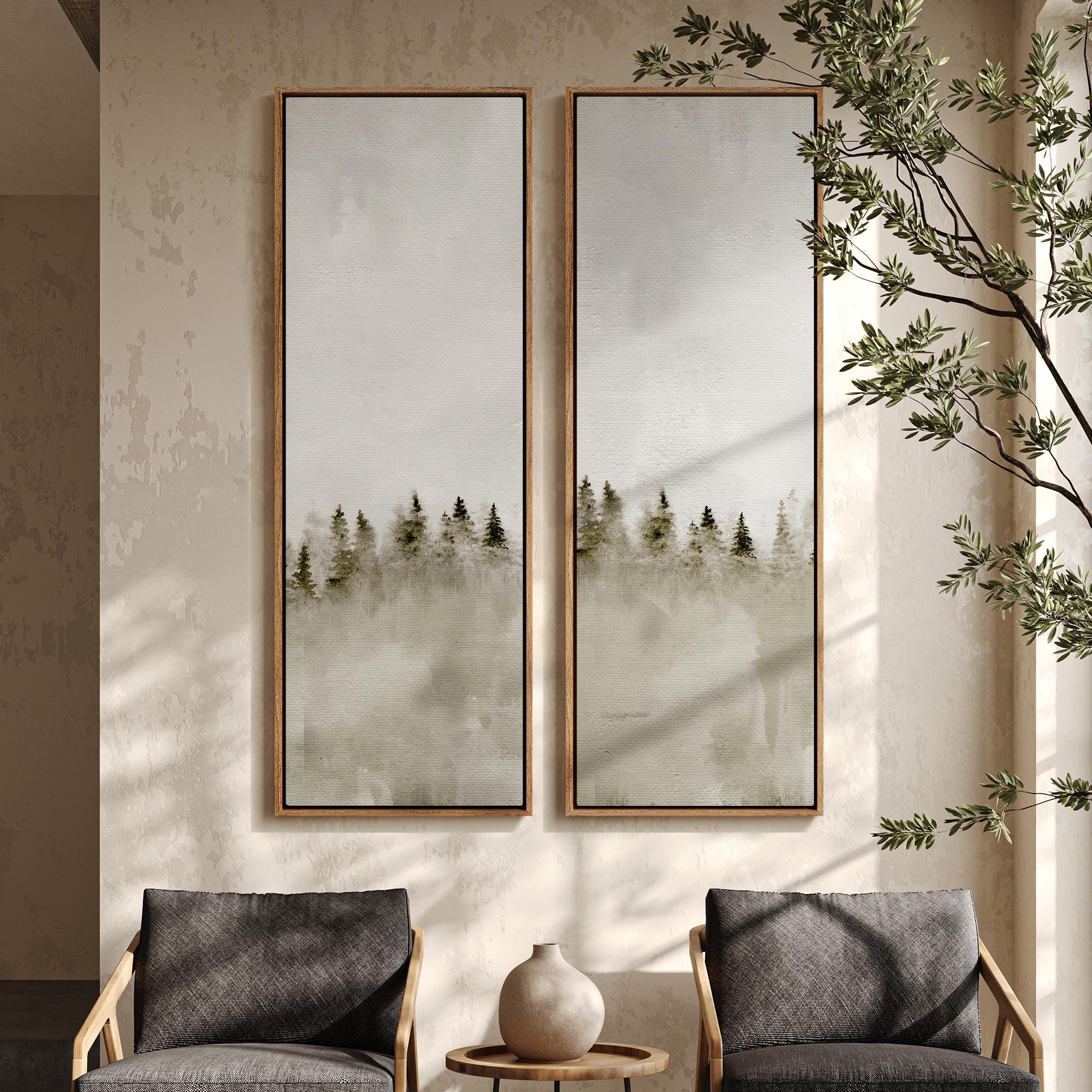 Minimalist Misty Pine Tree Forest Wall Art - 20x60 Framed Canvas Set ...