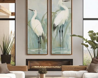 Coastal White Egret Wall Art - 20x60 Framed Canvas Set | Watercolor Beach Bird Prints | Heron Marshland Artwork | Nature Bathroom Decor