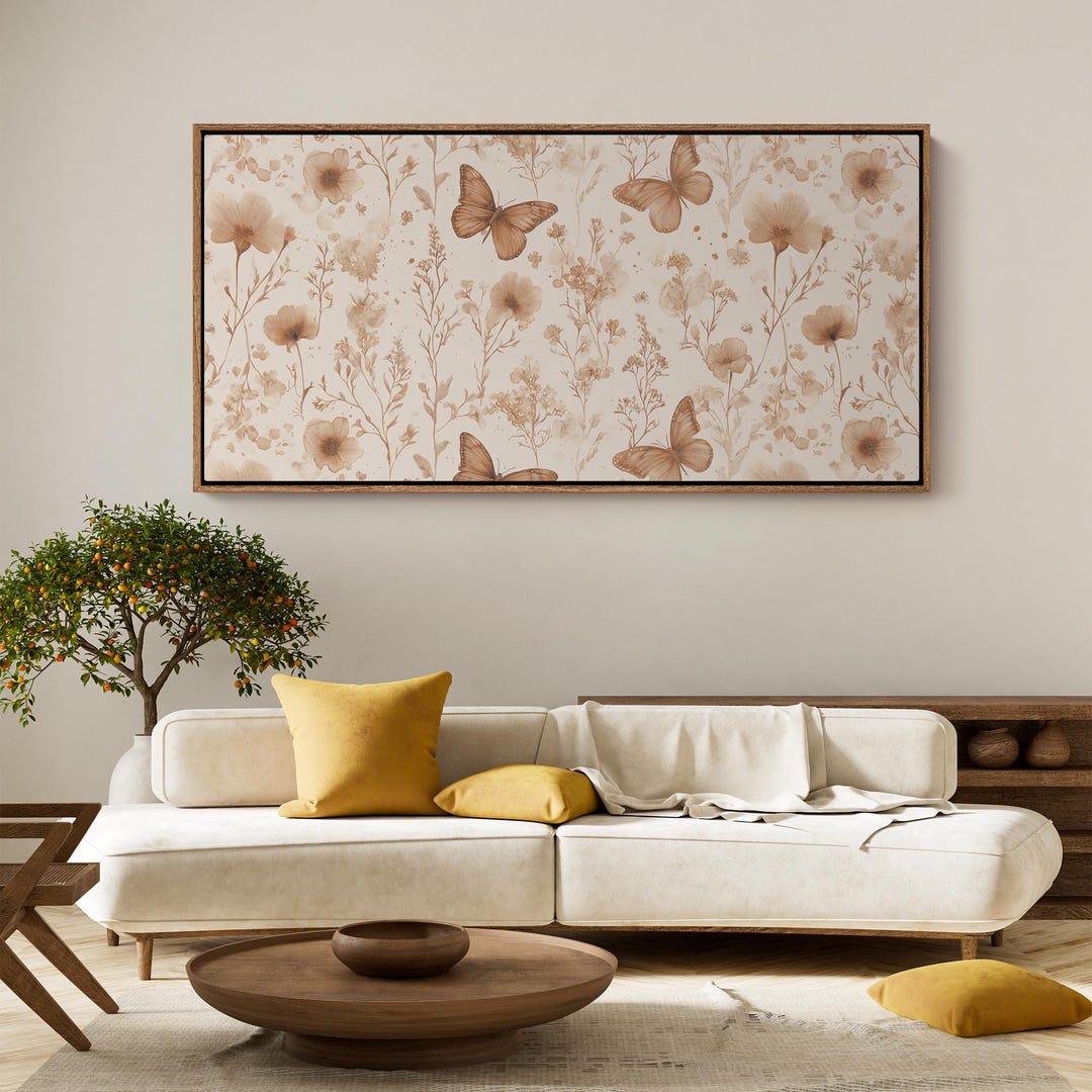 Neutral Butterfly Floral Wall Art - Large Framed Canvas | Beige Insect ...