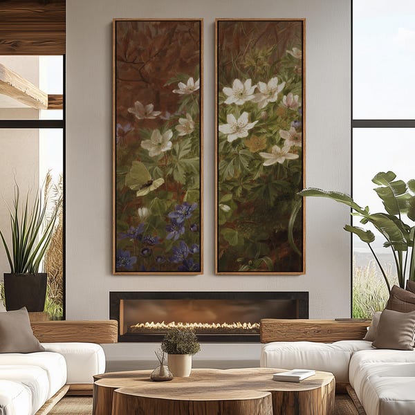 Vintage Botanical Wildflower Wall Art - 20x60 Framed Canvas Set | Woodland Flowers and Butterfly Prints | Moody Nature Rustic Decor