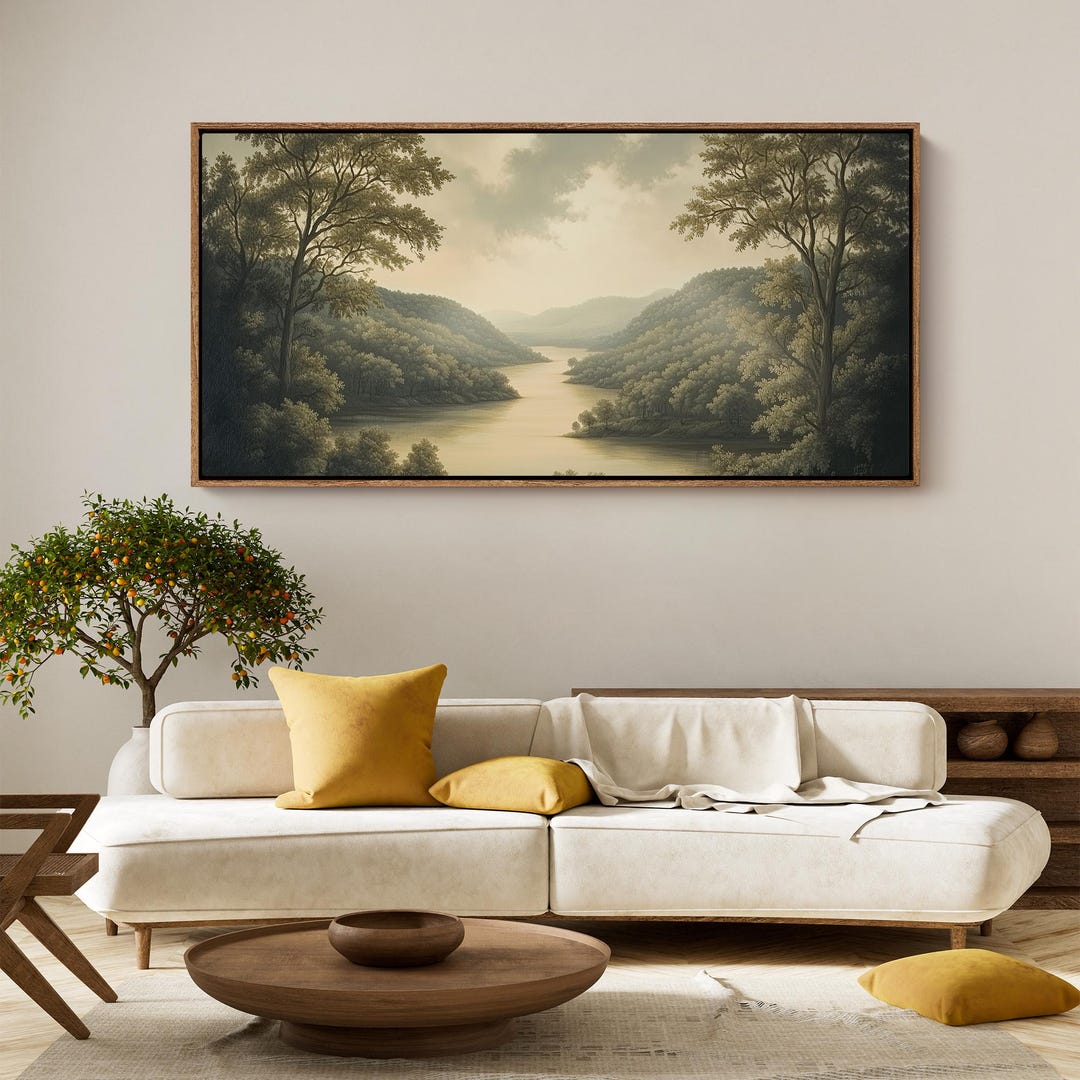 Vintage Mountain Forest Wall Art - Large Framed Canvas | Neutral River ...